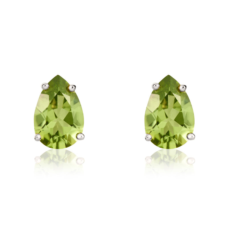 9ct White Gold Pear Shaped Natural Peridot Claw Stud Earrings — 9x6mm