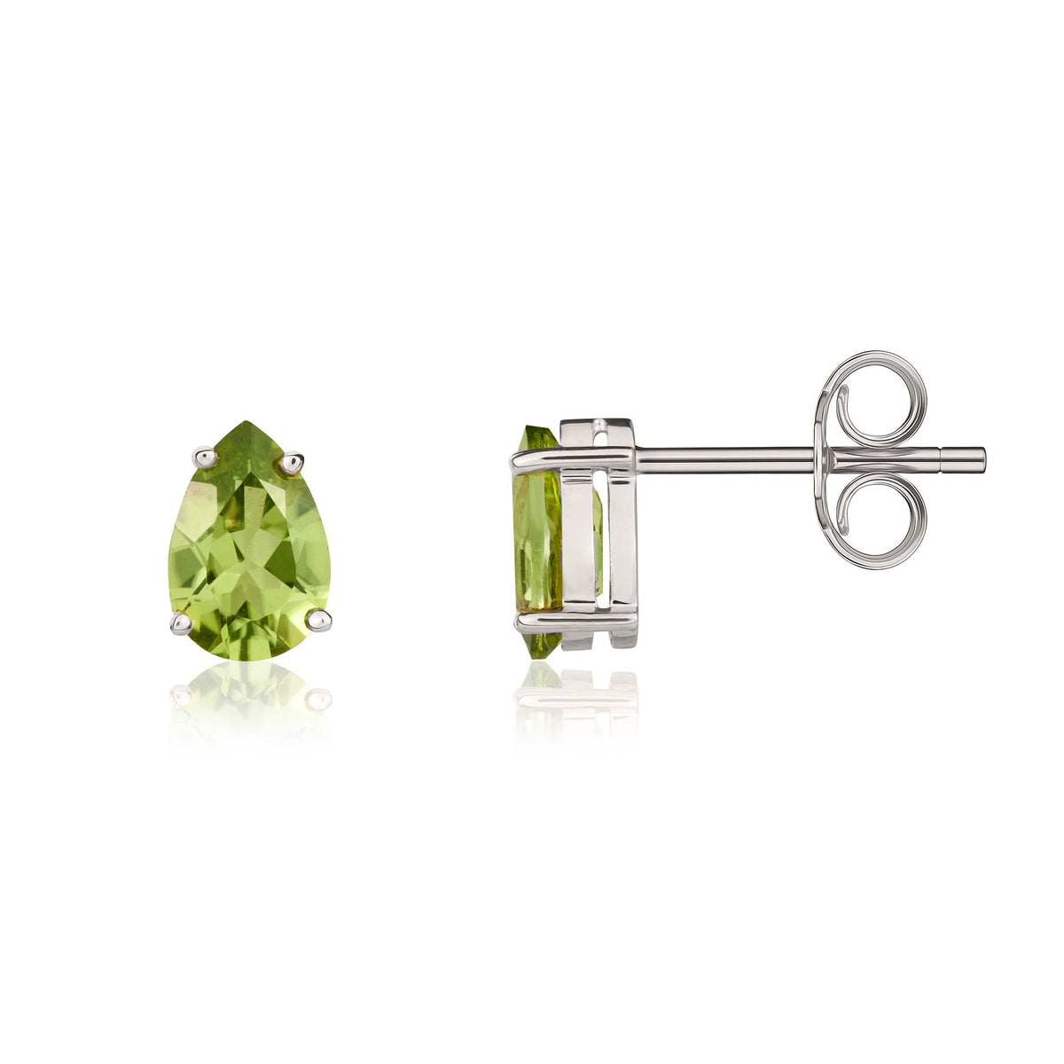9ct White Gold Pear Shaped Natural Peridot Claw Stud Earrings — 9x6mm