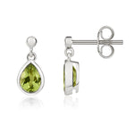9ct White Gold Pear Shaped Natural Peridot Rubover Drop Earrings with 2.5mm Bead Top — 6x4mm