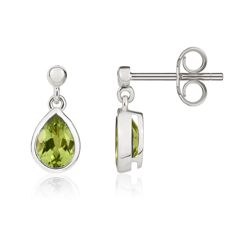 9ct White Gold Pear Shaped Natural Peridot Rubover Drop Earrings with 2.5mm Bead Top — 6x4mm