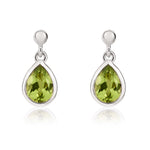 9ct White Gold Pear Shaped Natural Peridot Rubover Drop Earrings with 2.5mm Bead Top — 6x4mm