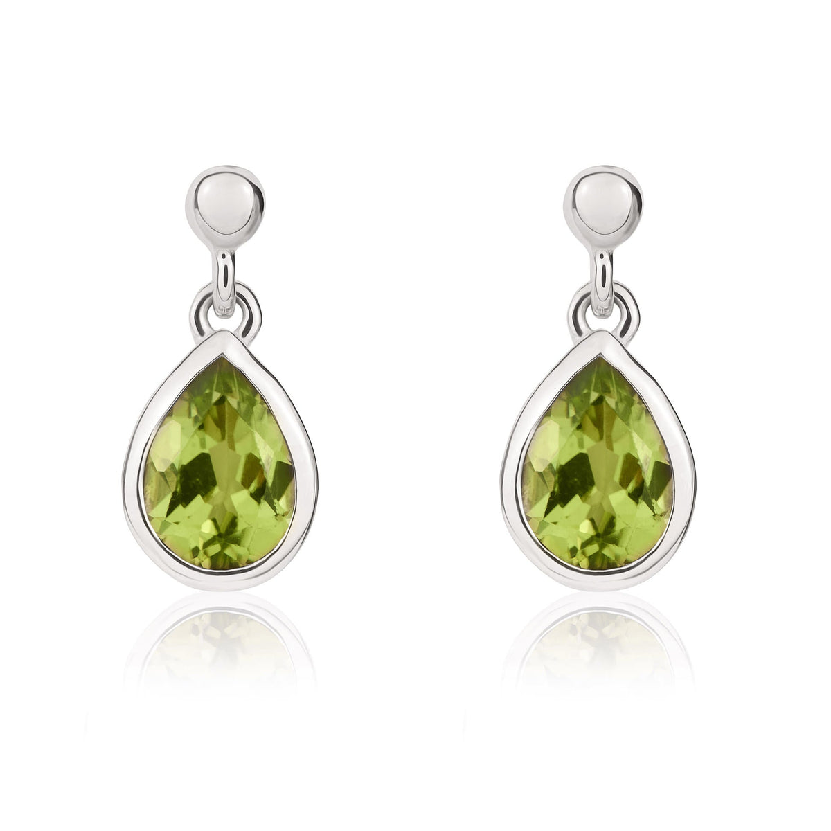 9ct White Gold Pear Shaped Natural Peridot Rubover Drop Earrings with 2.5mm Bead Top — 6x4mm