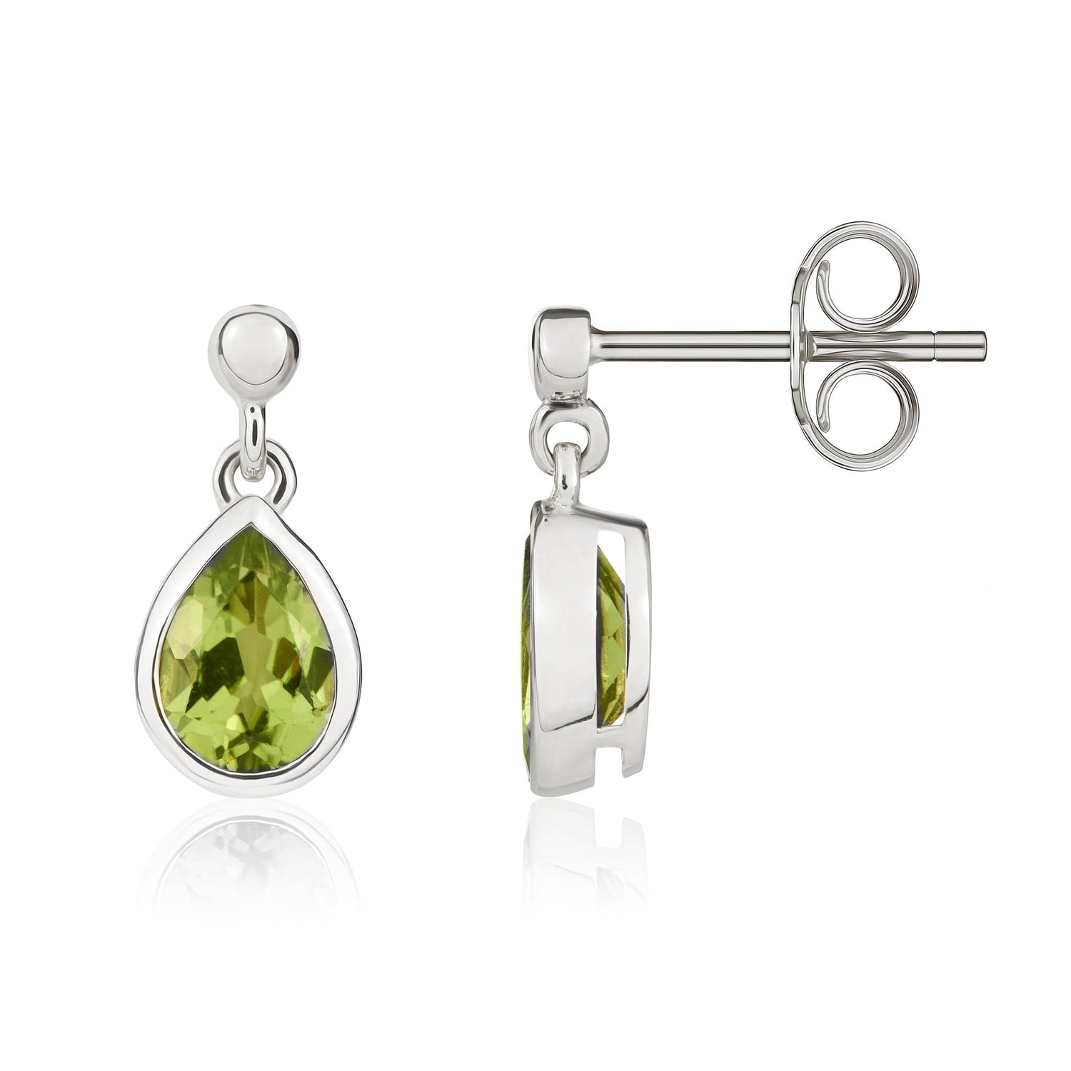 9ct White Gold Pear Shaped Natural Peridot Drop Earrings — 7x5mm