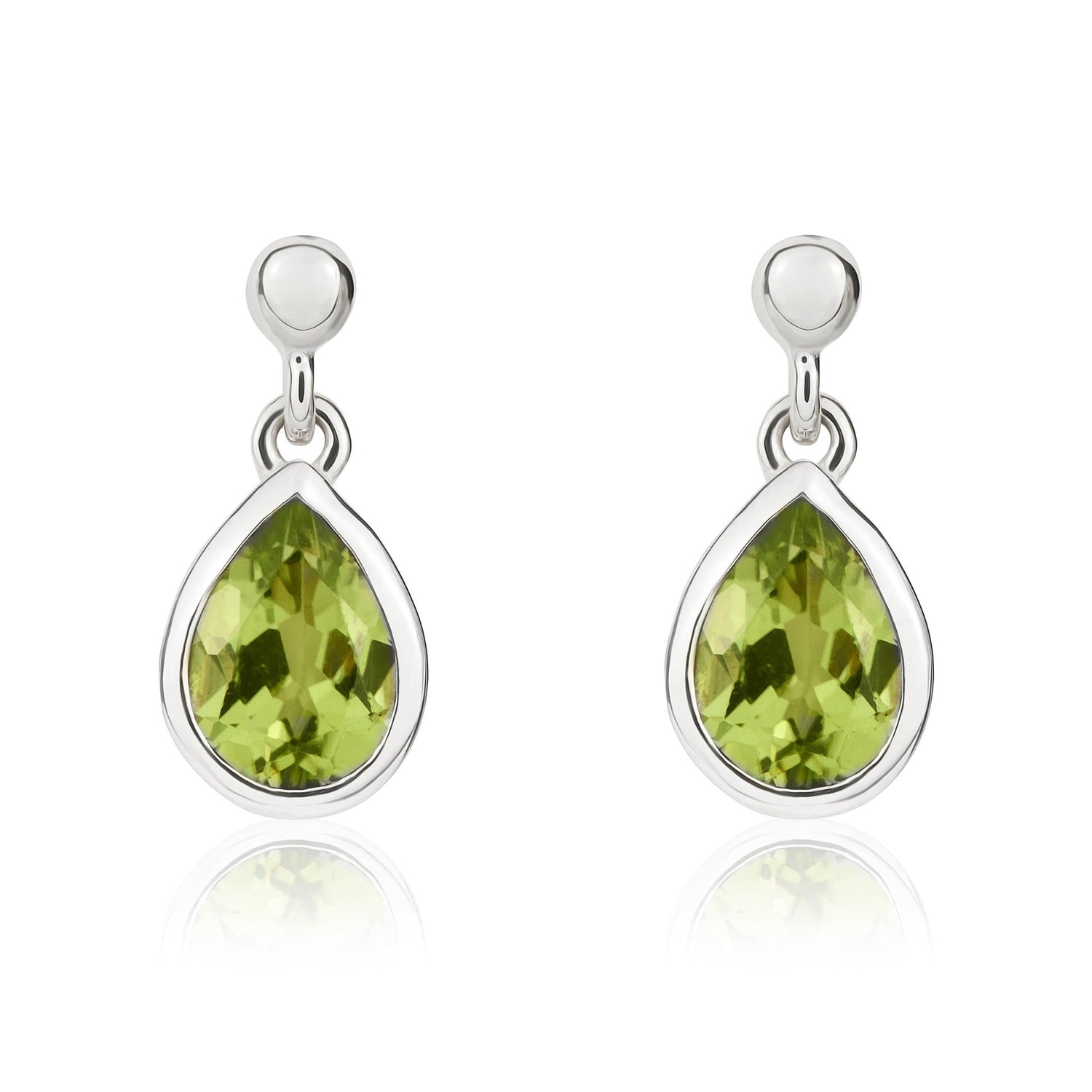 9ct White Gold Pear Shaped Natural Peridot Drop Earrings — 7x5mm