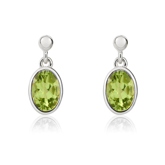 9ct White Gold Oval Natural Peridot Drop Earrings — 6x4mm