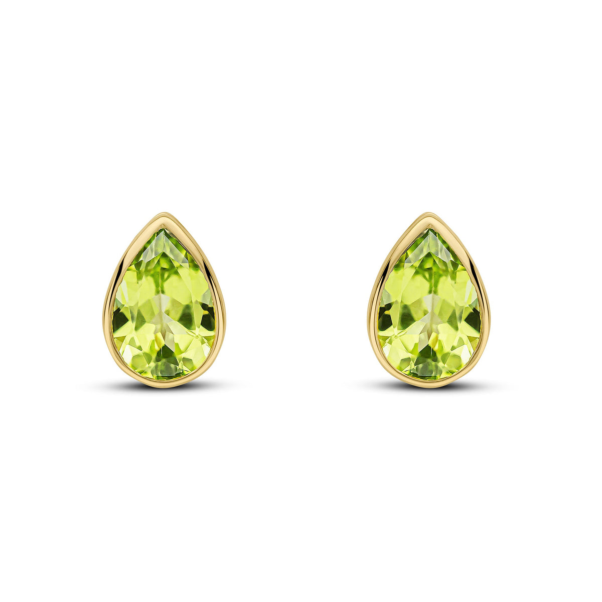 9ct Yellow Gold Pear Shaped Natural Peridot Rubover Stud Earrings — 7x5mm