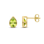 9ct Yellow Gold Pear Shaped Natural Peridot Rubover Stud Earrings — 7x5mm