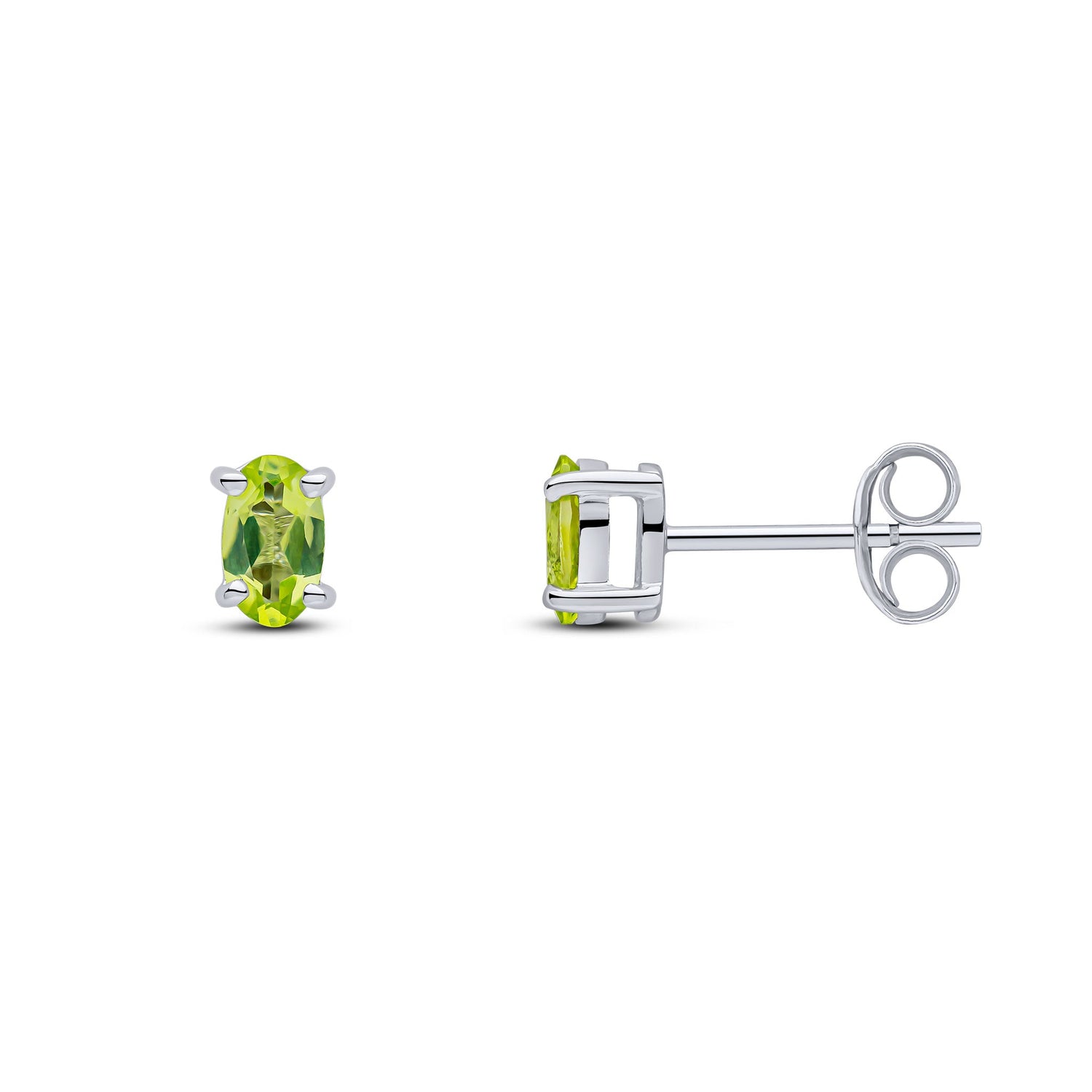 9ct White Gold Oval Natural Peridot Claw Stud Earrings — 5x3mm