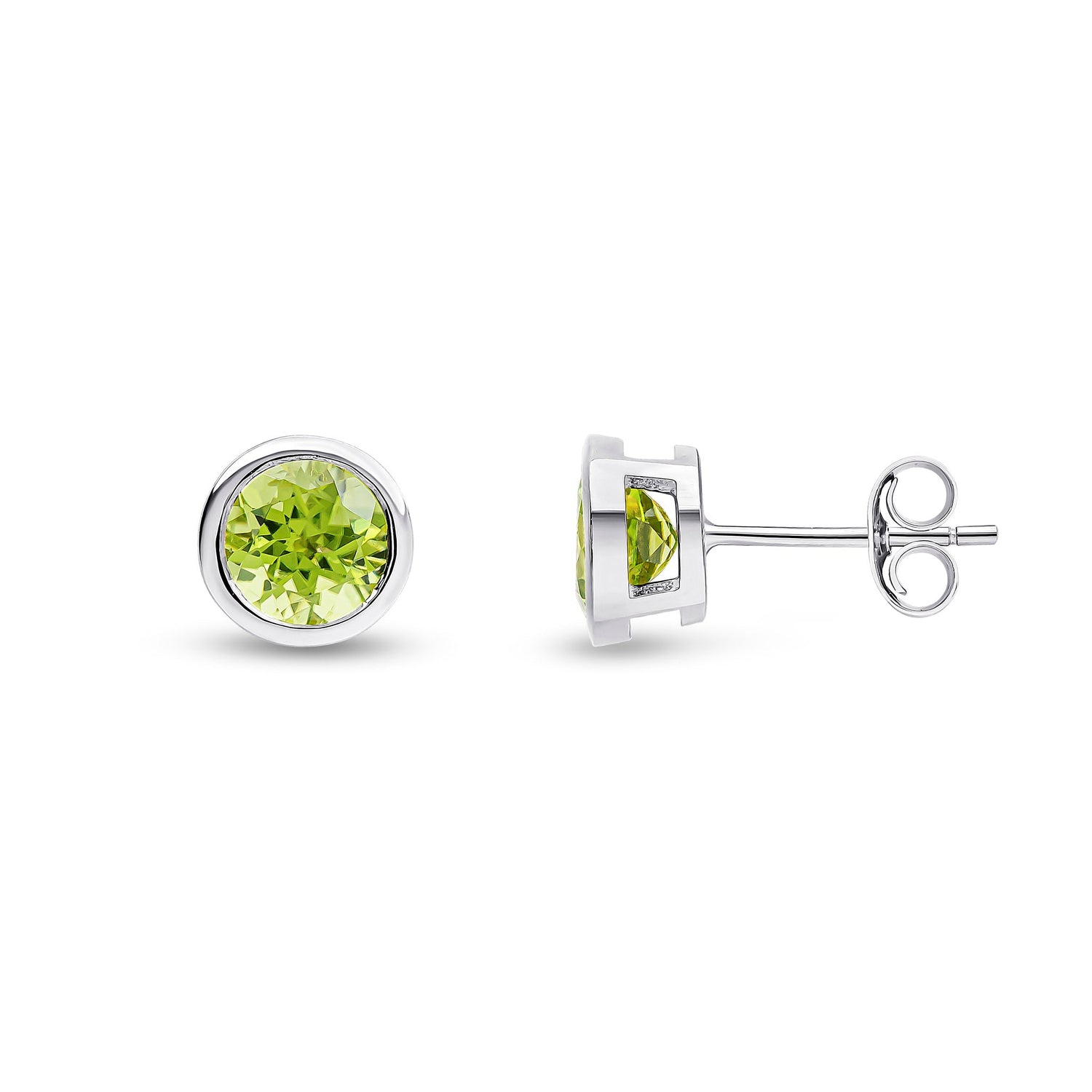 9ct White Gold Round Natural Peridot Rubover Stud Earrings — 6mm