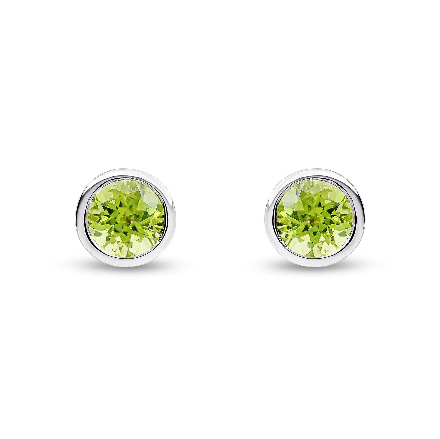 9ct White Gold Round Natural Peridot Rubover Stud Earrings — 6mm