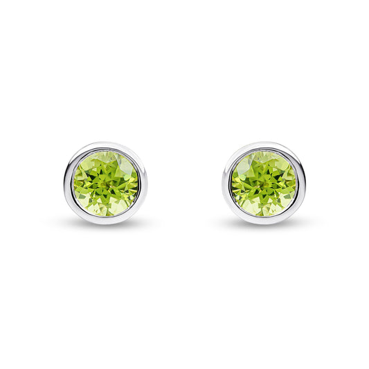 9ct White Gold Round Natural Peridot Rubover Stud Earrings — 6mm
