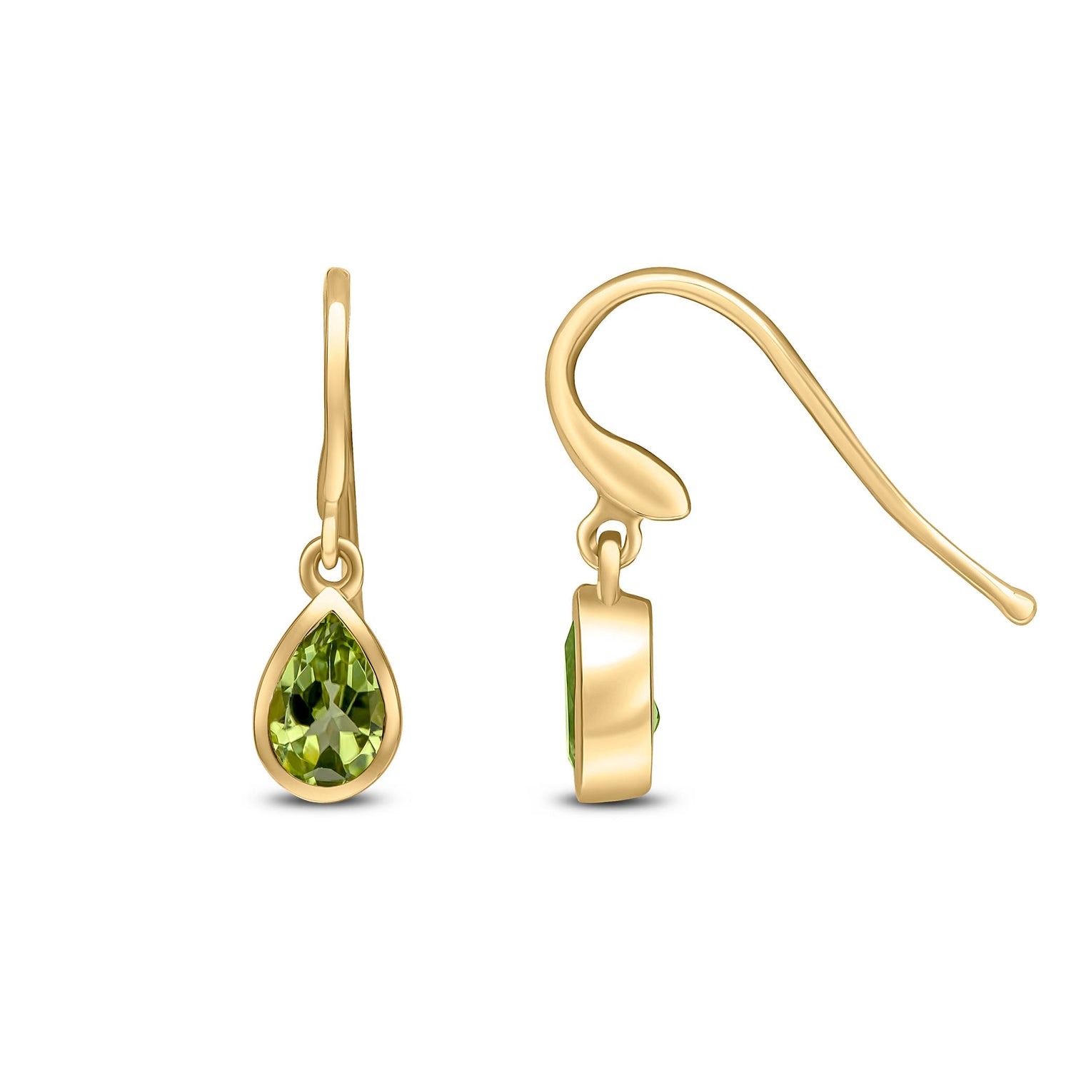 9ct Yellow Gold Pear Shaped Natural Peridot Rubover Wire Hook Drop Earrings — 6x4mm