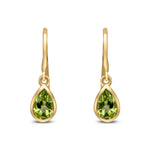 9ct Yellow Gold Pear Shaped Natural Peridot Rubover Wire Hook Drop Earrings — 6x4mm