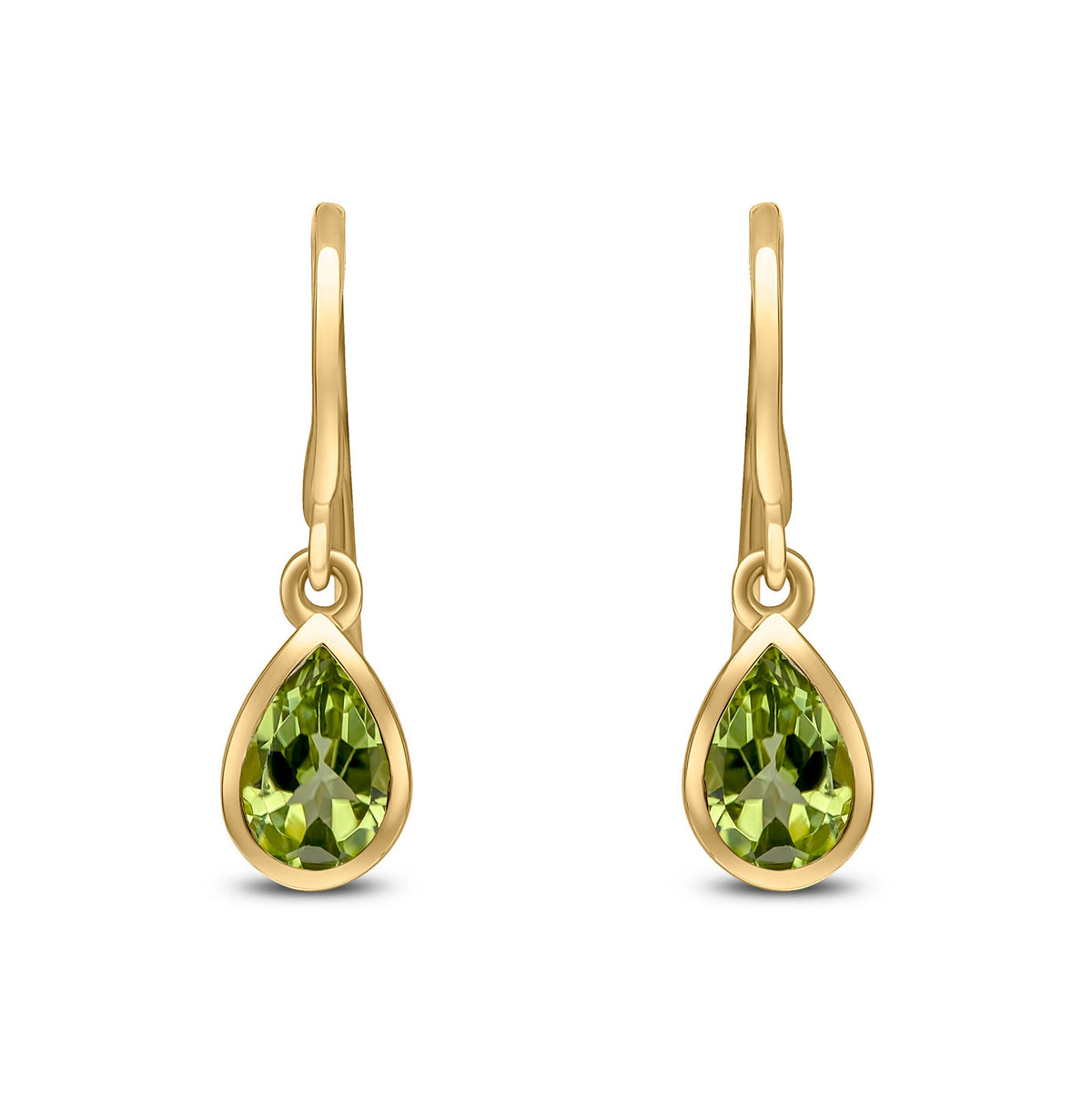 9ct Yellow Gold Pear Shaped Natural Peridot Rubover Wire Hook Drop Earrings — 6x4mm