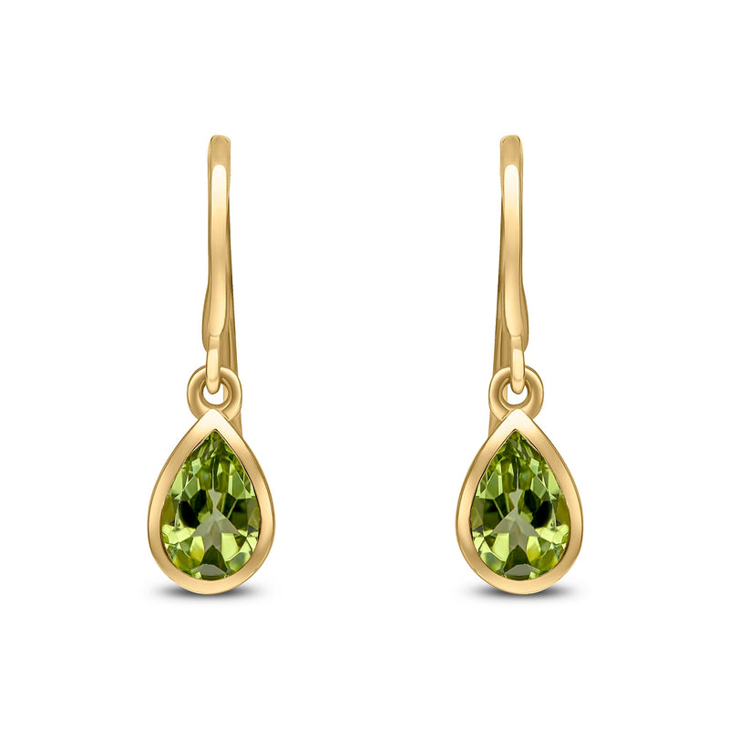 9ct Yellow Gold Pear Shaped Natural Peridot Rubover Wire Hook Drop Earrings — 6x4mm