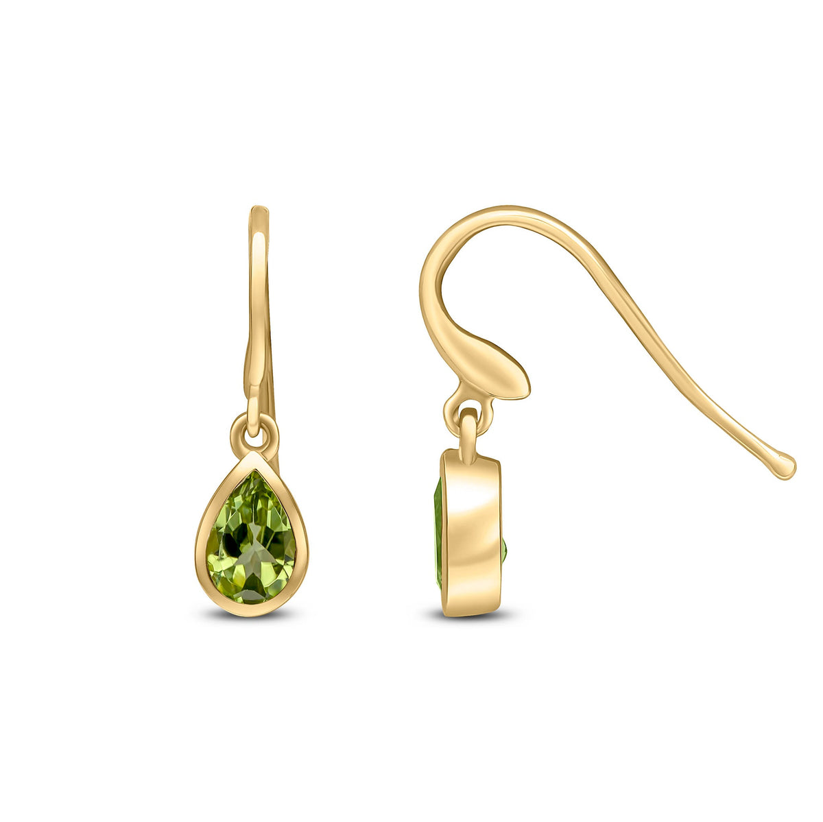 9ct Yellow Gold Pear Shaped Natural Peridot Rubover Wire Hook Drop Earrings — 6x4mm