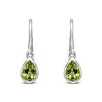 9ct White Gold Pear Shaped Natural Peridot Rubover Wire Hook Drop Earrings — 6x4mm