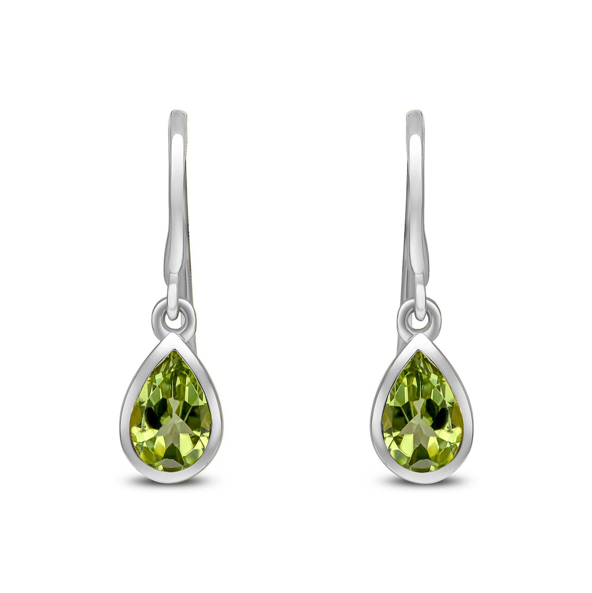 9ct White Gold Pear Shaped Natural Peridot Rubover Wire Hook Drop Earrings — 6x4mm