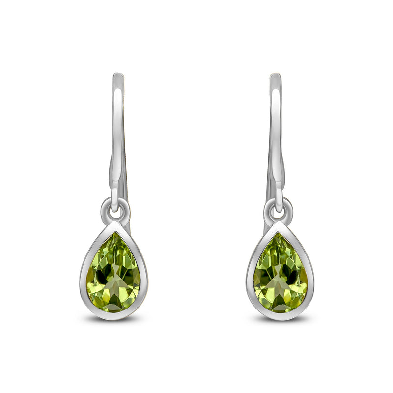 9ct White Gold Pear Shaped Natural Peridot Rubover Wire Hook Drop Earrings — 6x4mm