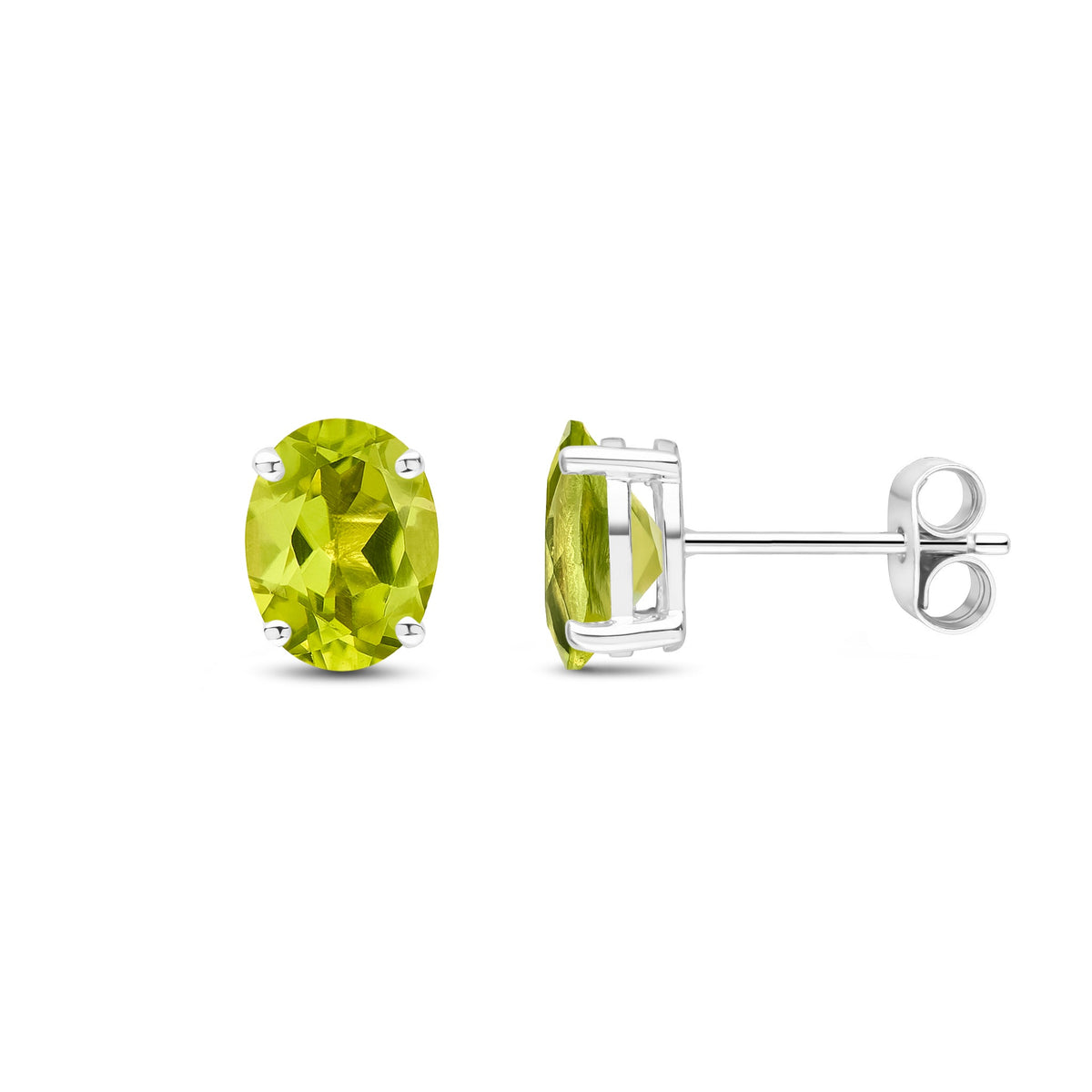 9ct White Gold Oval Natural Peridot Claw Stud Earrings — 8x6mm