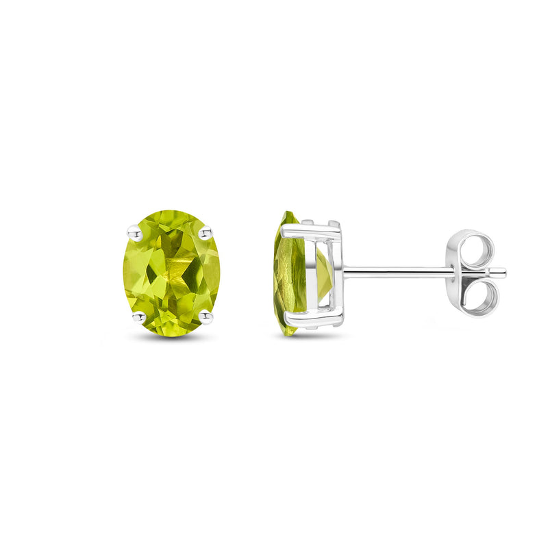 9ct White Gold Oval Natural Peridot Claw Stud Earrings — 8x6mm