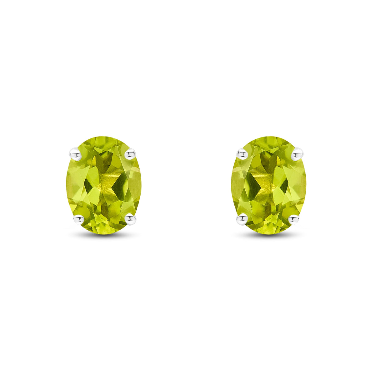 9ct White Gold Oval Natural Peridot Claw Stud Earrings — 8x6mm