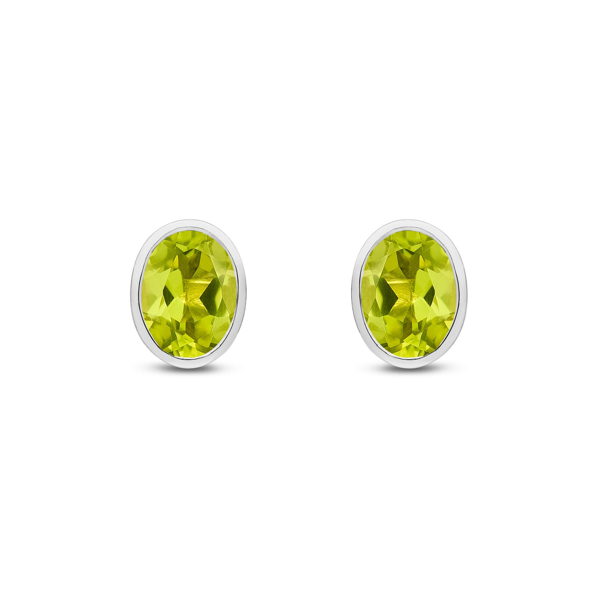 9ct White Gold Oval Natural Peridot Rubover Stud Earrings — 8x6mm