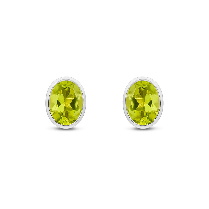 9ct White Gold Oval Natural Peridot Rubover Stud Earrings — 8x6mm