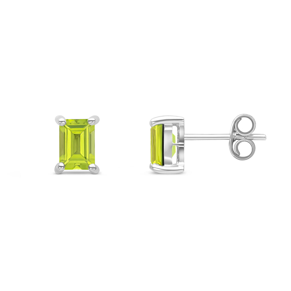 9ct White Gold Octagon Emerald Cut Natural Peridot Claw Stud Earrings — 6x4mm