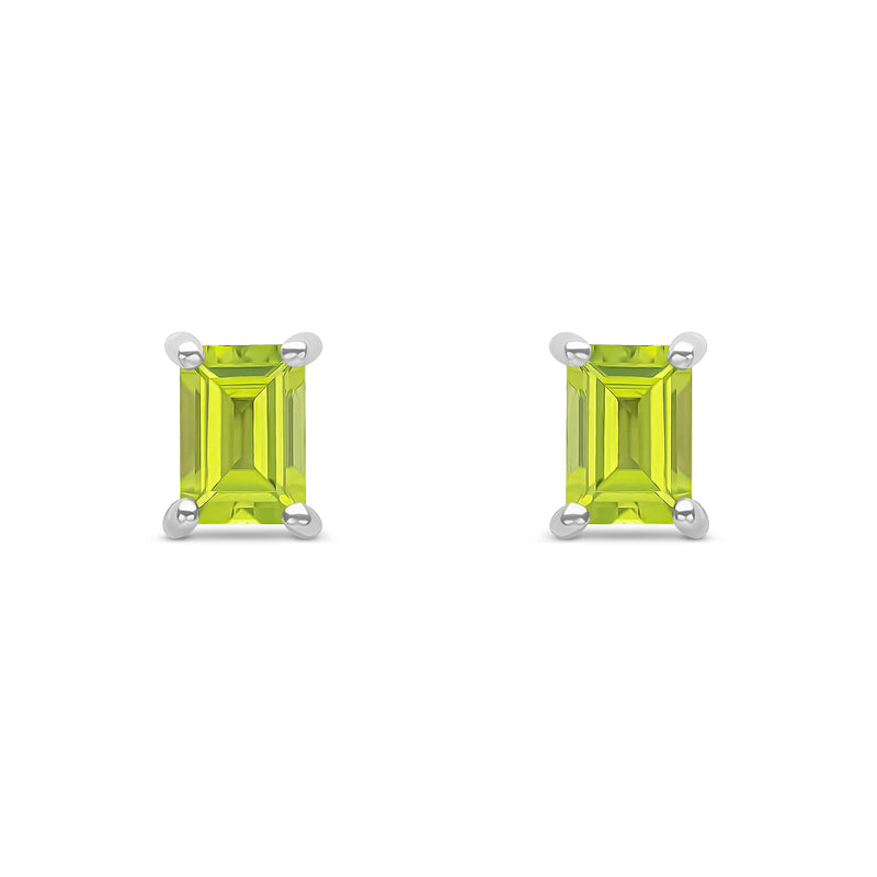 9ct White Gold Octagon Emerald Cut Natural Peridot Claw Stud Earrings — 6x4mm
