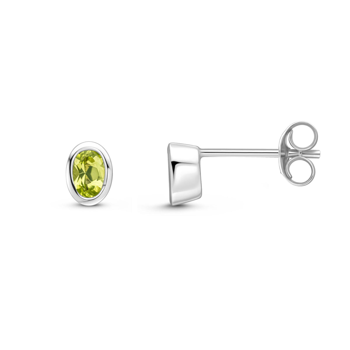 9ct White Gold Oval Natural Peridot Rubover Stud Earrings — 4x3mm