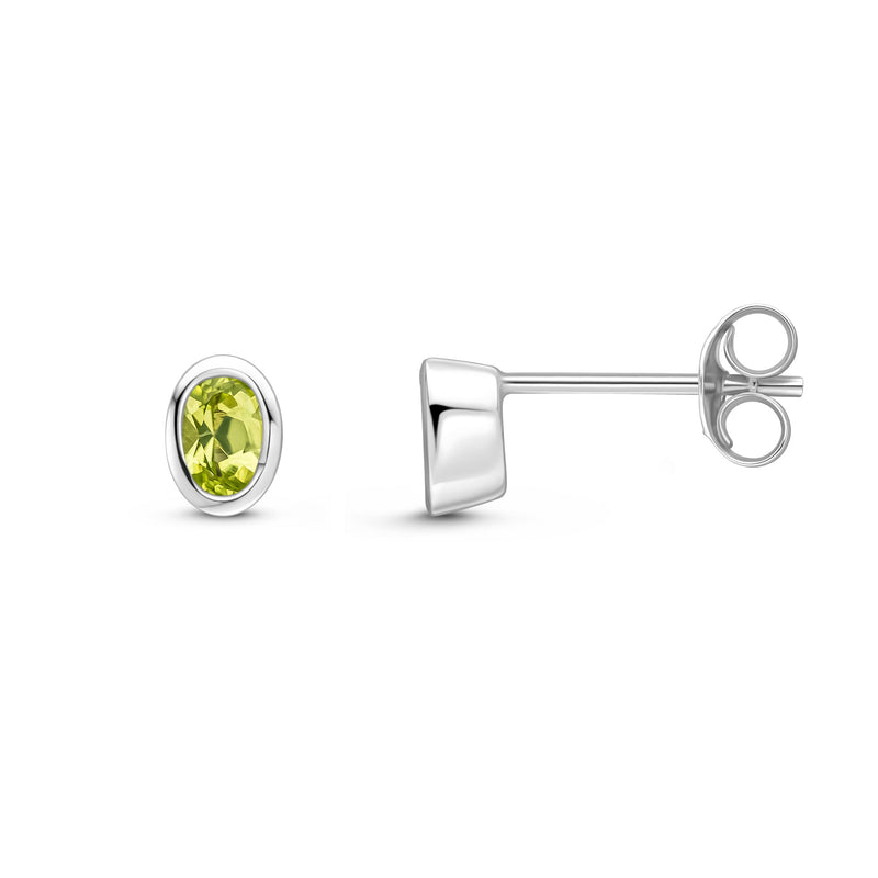 9ct White Gold Oval Natural Peridot Rubover Stud Earrings — 4x3mm