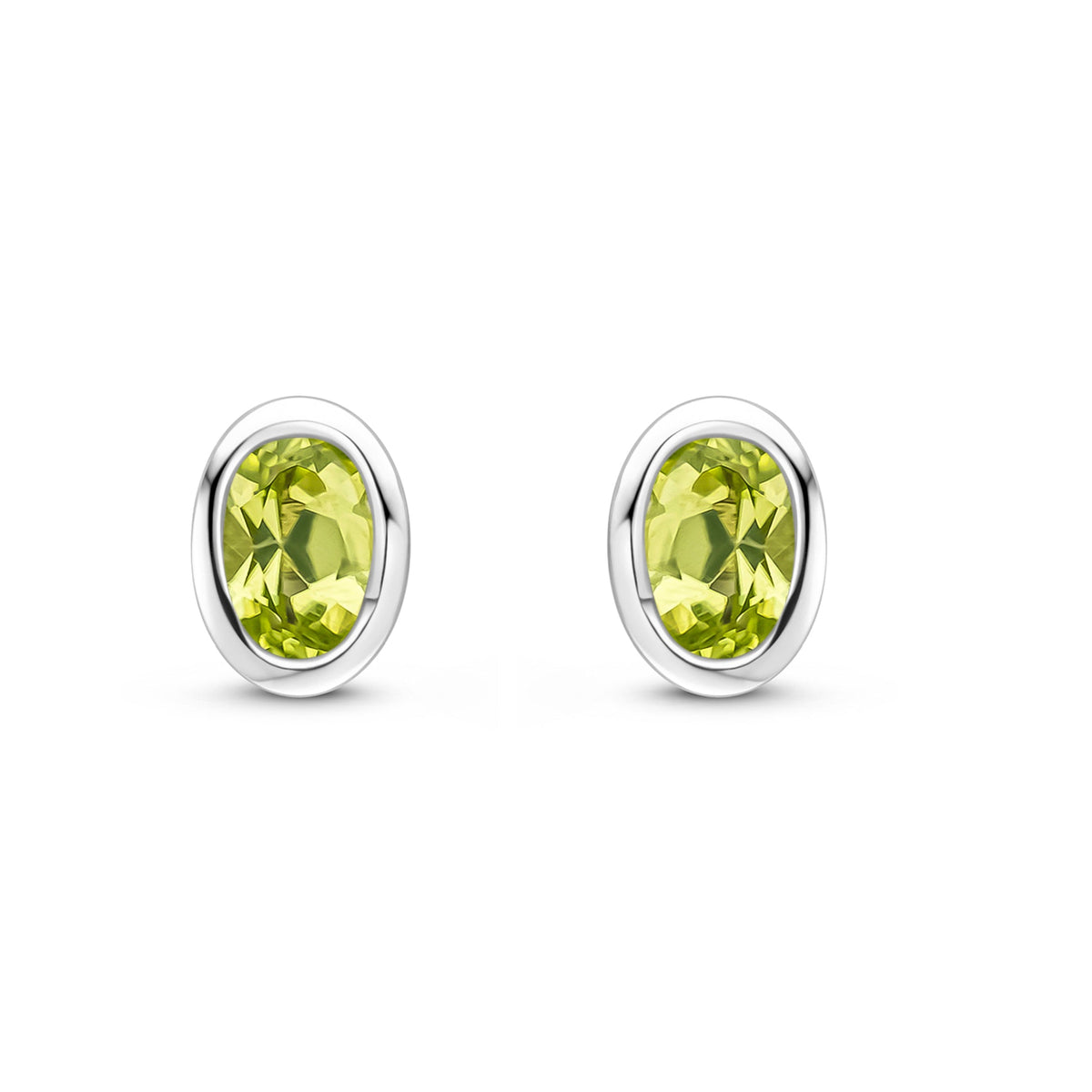 9ct White Gold Oval Natural Peridot Rubover Stud Earrings — 4x3mm