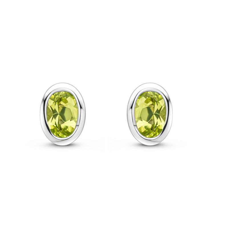9ct White Gold Oval Natural Peridot Rubover Stud Earrings — 4x3mm