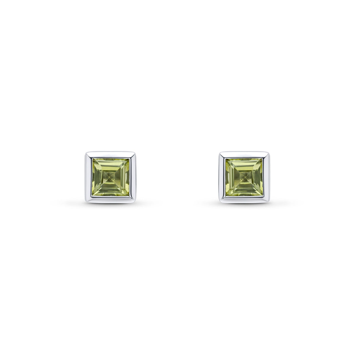 9ct White Gold Square Natural Peridot Rubover Stud Earrings — 4mm