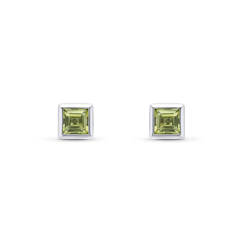 9ct White Gold Square Natural Peridot Rubover Stud Earrings — 4mm