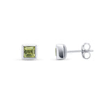 9ct White Gold Square Natural Peridot Rubover Stud Earrings — 4mm