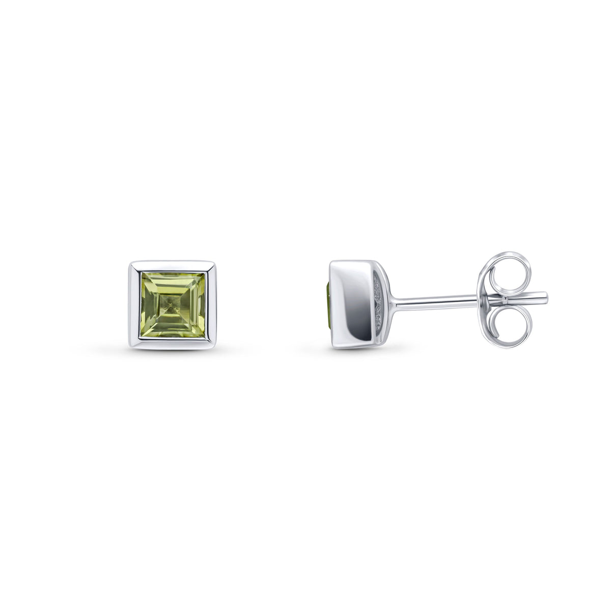 9ct White Gold Square Natural Peridot Rubover Stud Earrings — 4mm