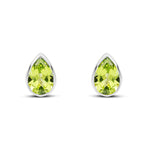9ct White Gold Pear Shaped Natural Peridot Rubover Stud Earrings — 7x5mm