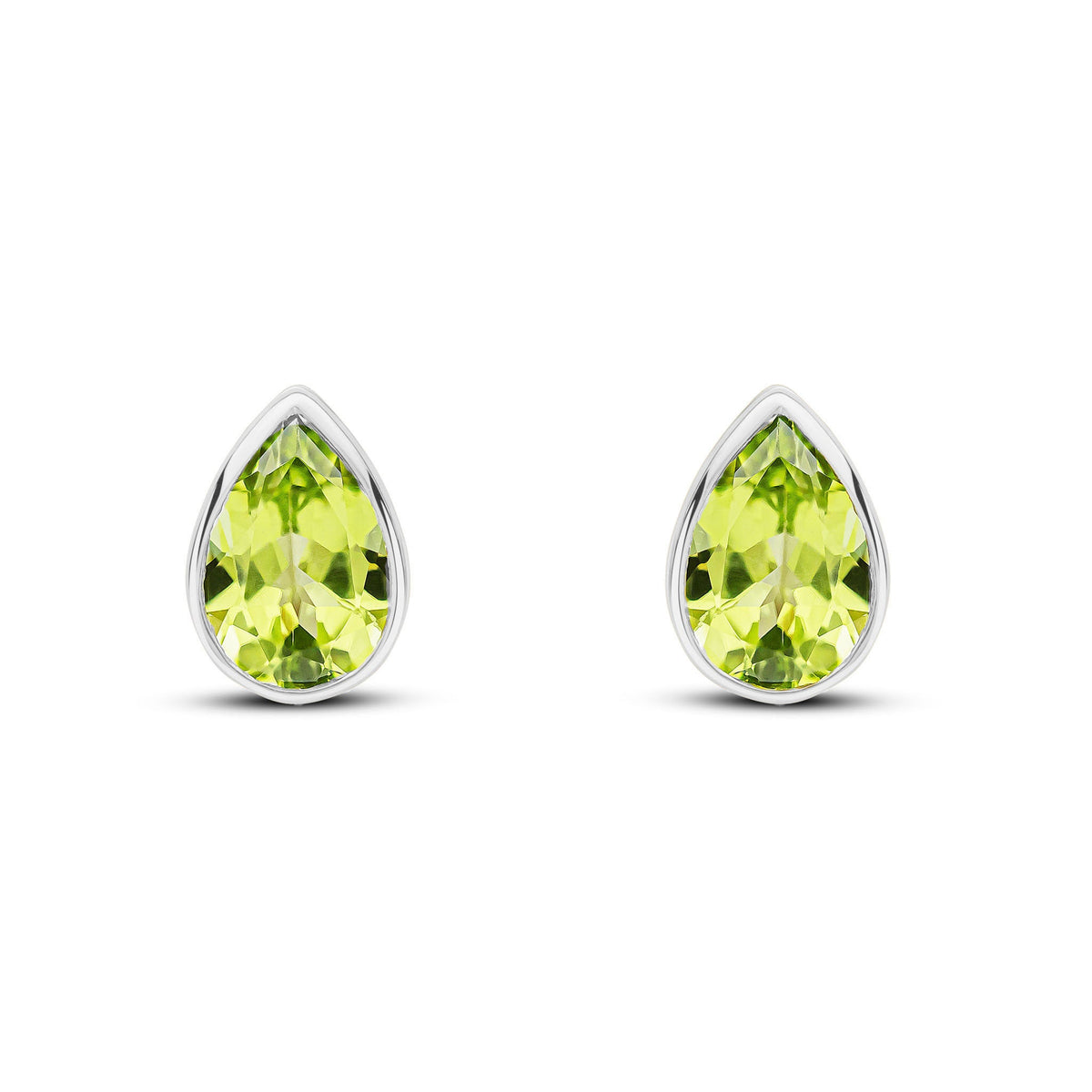 9ct White Gold Pear Shaped Natural Peridot Rubover Stud Earrings — 7x5mm