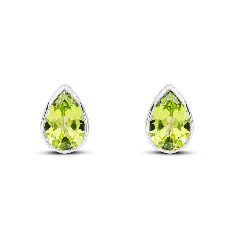 9ct White Gold Pear Shaped Natural Peridot Rubover Stud Earrings — 7x5mm