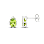 9ct White Gold Pear Shaped Natural Peridot Rubover Stud Earrings — 7x5mm