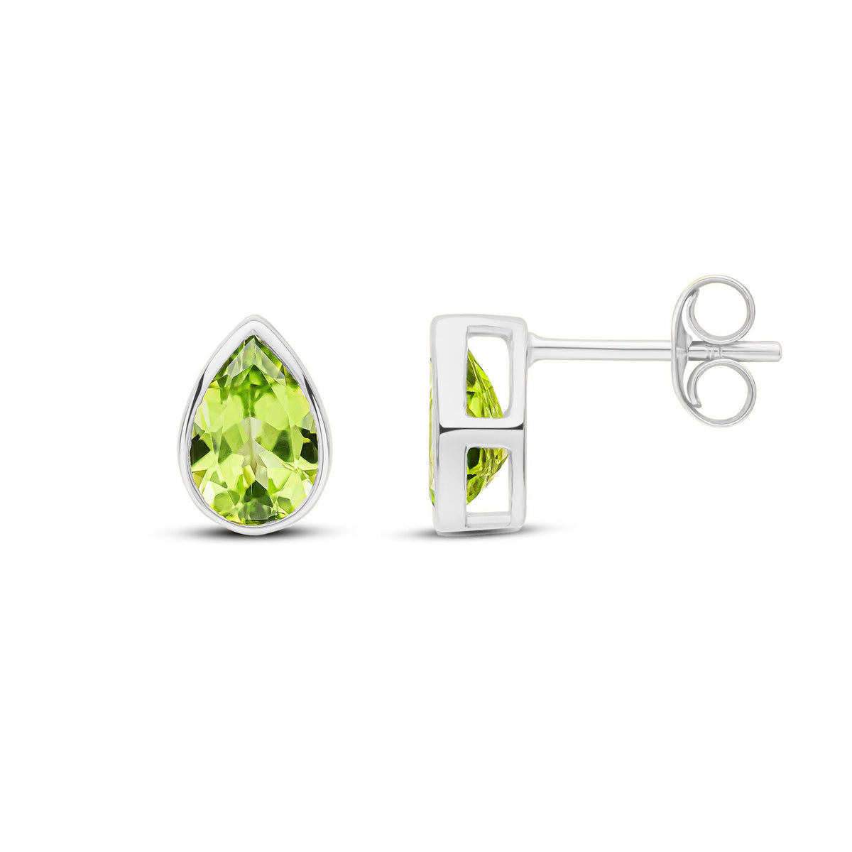 9ct White Gold Pear Shaped Natural Peridot Rubover Stud Earrings — 7x5mm