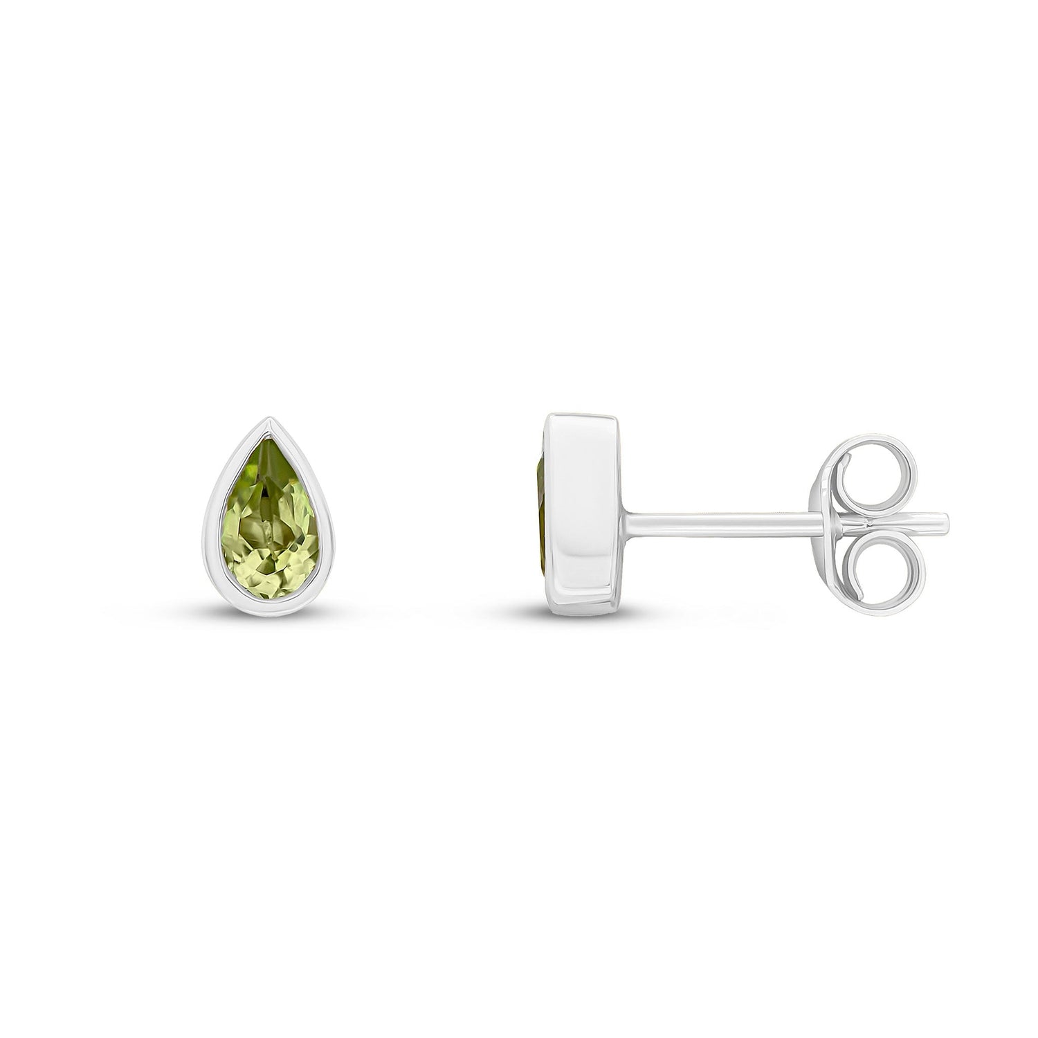 9ct White Gold Pear Shaped Natural Peridot Rubover Stud Earrings — 5x3mm