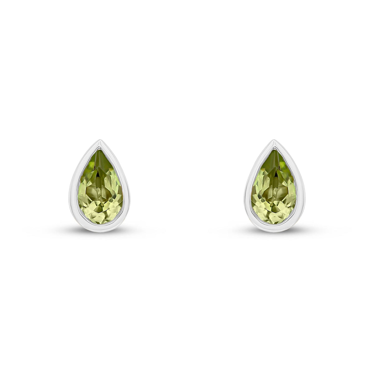 9ct White Gold Pear Shaped Natural Peridot Rubover Stud Earrings — 5x3mm