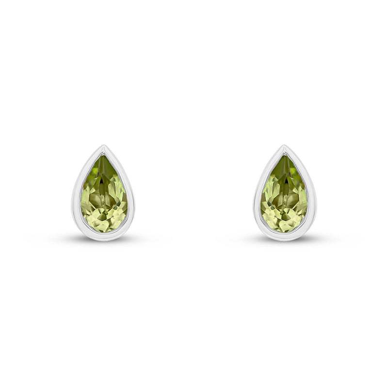 9ct White Gold Pear Shaped Natural Peridot Rubover Stud Earrings — 5x3mm