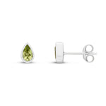 9ct White Gold Pear Shaped Natural Peridot Rubover Stud Earrings — 5x3mm