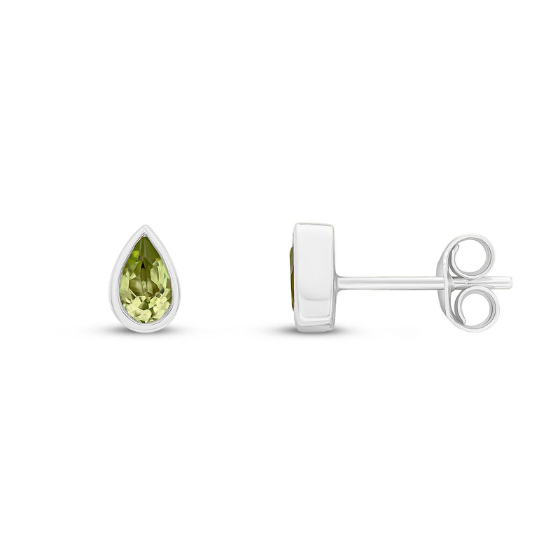 9ct White Gold Pear Shaped Natural Peridot Rubover Stud Earrings — 5x3mm