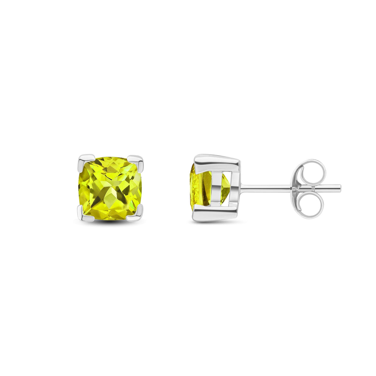 9ct White Gold Cushion Natural Peridot Claw Stud Earrings — 6mm