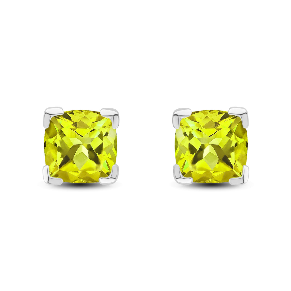 9ct White Gold Cushion Natural Peridot Claw Stud Earrings — 6mm